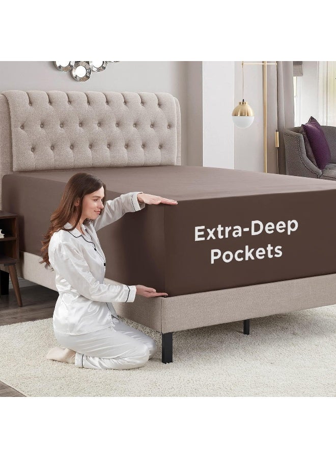 Empyrean Extra Deep Queen Fitted Sheet Only Deep Pocket Fits 18 to 24 Inch, Fitted Sheet Queen Deep Pocket, Soft Microfiber 110 GSM Deep Pocket Queen Fitted Sheet with Corner Straps, Chocolate Brown - Image 3