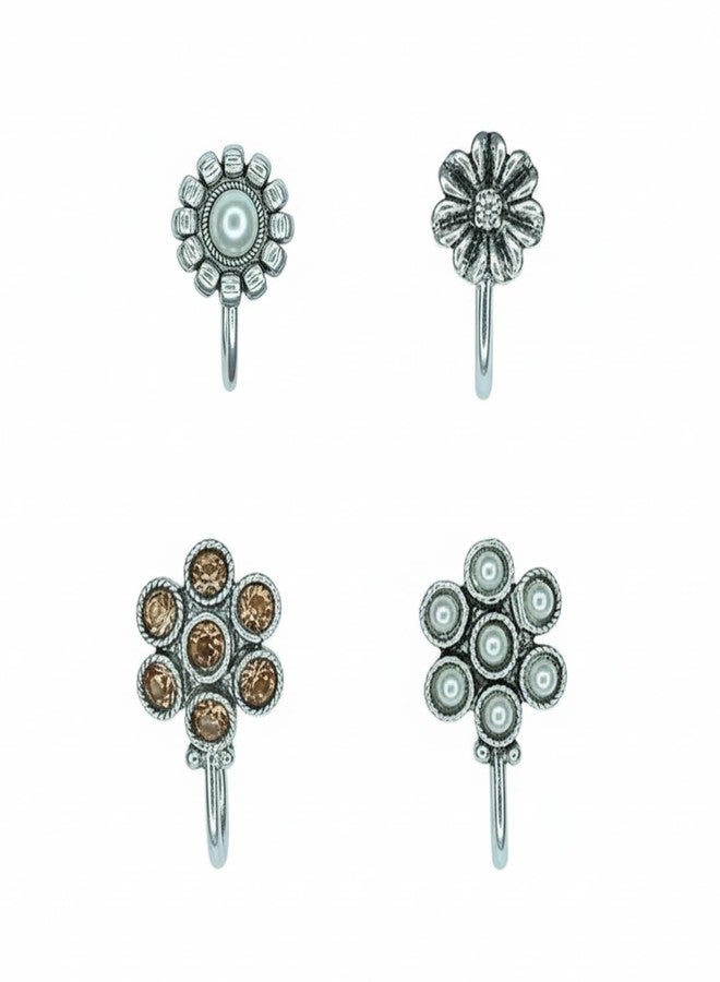JWELLA Oxidised Silver Floral Nose Pin Set of 4 for Women and Girls, Elegant Clip-On Nosepins with Pearl and Stone-Studded Designs, Lightweight Traditional Jewellery - Image 1