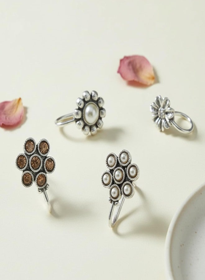 JWELLA Oxidised Silver Floral Nose Pin Set of 4 for Women and Girls, Elegant Clip-On Nosepins with Pearl and Stone-Studded Designs, Lightweight Traditional Jewellery - Image 2