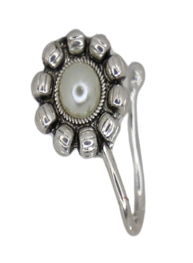 JWELLA Oxidised Silver Floral Nose Pin Set of 4 for Women and Girls, Elegant Clip-On Nosepins with Pearl and Stone-Studded Designs, Lightweight Traditional Jewellery - Image 4