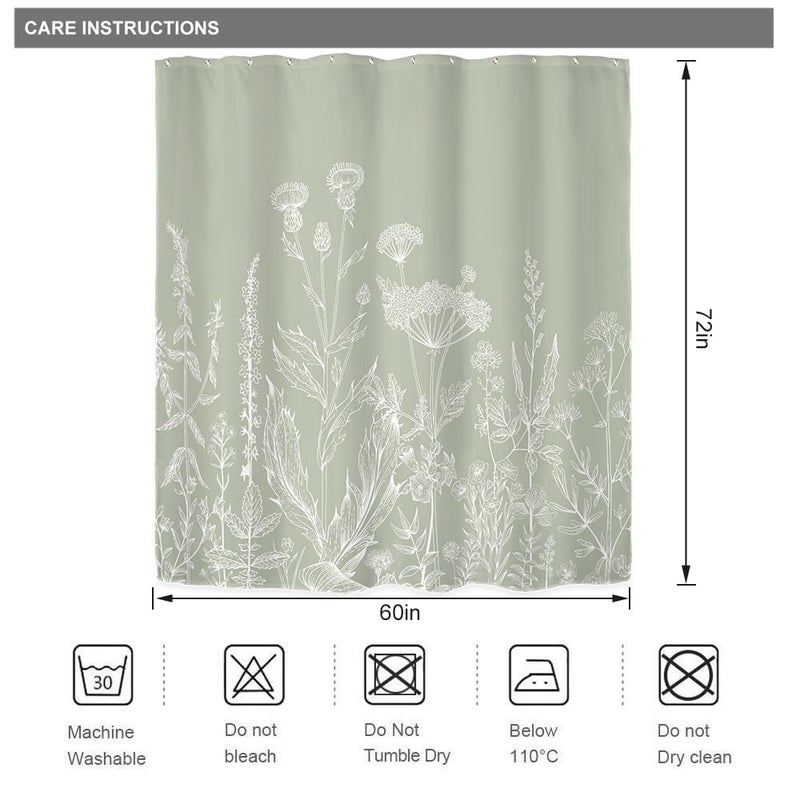 Riyidecor Sage Green Floral Wildflower Shower Curtain for Bathroom Decor 60Wx72H Plant Herbs Botanical Nature Leaf Rustic Farmhouse Art Printed Fabric Polyester Waterproof 12 Pack Plastic Hooks - Image 3