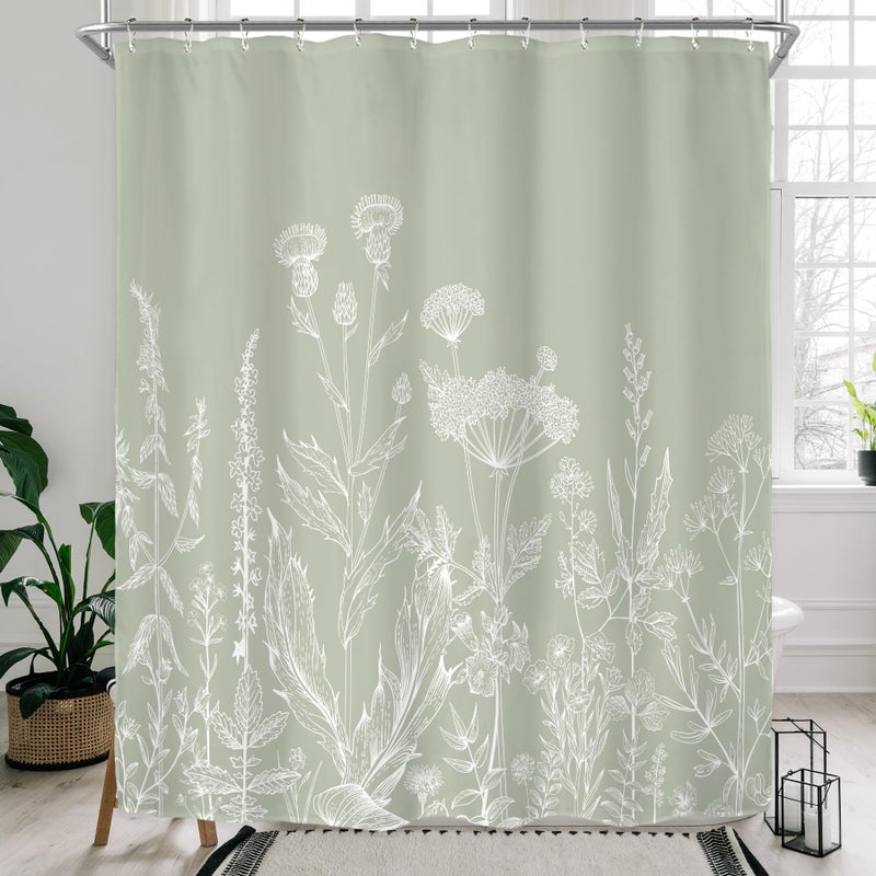 Riyidecor Sage Green Floral Wildflower Shower Curtain for Bathroom Decor 60Wx72H Plant Herbs Botanical Nature Leaf Rustic Farmhouse Art Printed Fabric Polyester Waterproof 12 Pack Plastic Hooks - Image 1