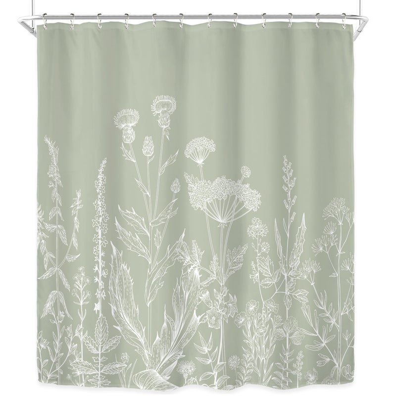 Riyidecor Sage Green Floral Wildflower Shower Curtain for Bathroom Decor 60Wx72H Plant Herbs Botanical Nature Leaf Rustic Farmhouse Art Printed Fabric Polyester Waterproof 12 Pack Plastic Hooks - Image 5