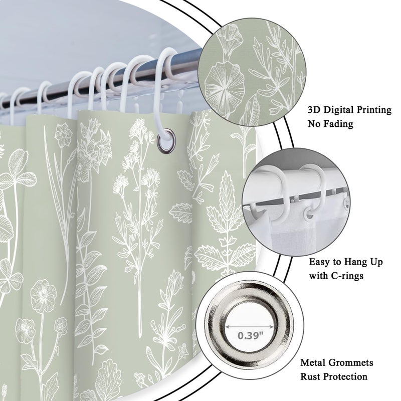 Riyidecor Sage Green Floral Wildflower Shower Curtain for Bathroom Decor 60Wx72H Plant Herbs Botanical Nature Leaf Rustic Farmhouse Art Printed Fabric Polyester Waterproof 12 Pack Plastic Hooks - Image 4
