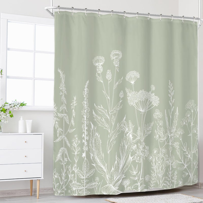 Riyidecor Sage Green Floral Wildflower Shower Curtain for Bathroom Decor 60Wx72H Plant Herbs Botanical Nature Leaf Rustic Farmhouse Art Printed Fabric Polyester Waterproof 12 Pack Plastic Hooks - Image 2