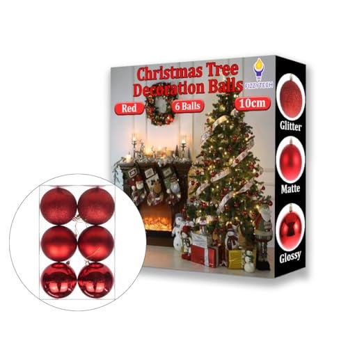 FIZZYTECH Shatterproof Christmas Balls Ornaments 6 Pcs Red Hanging Balls Size 10 cm Perfect Xmas Tree Decorations (10 CM, Pack of 6) - Image 1