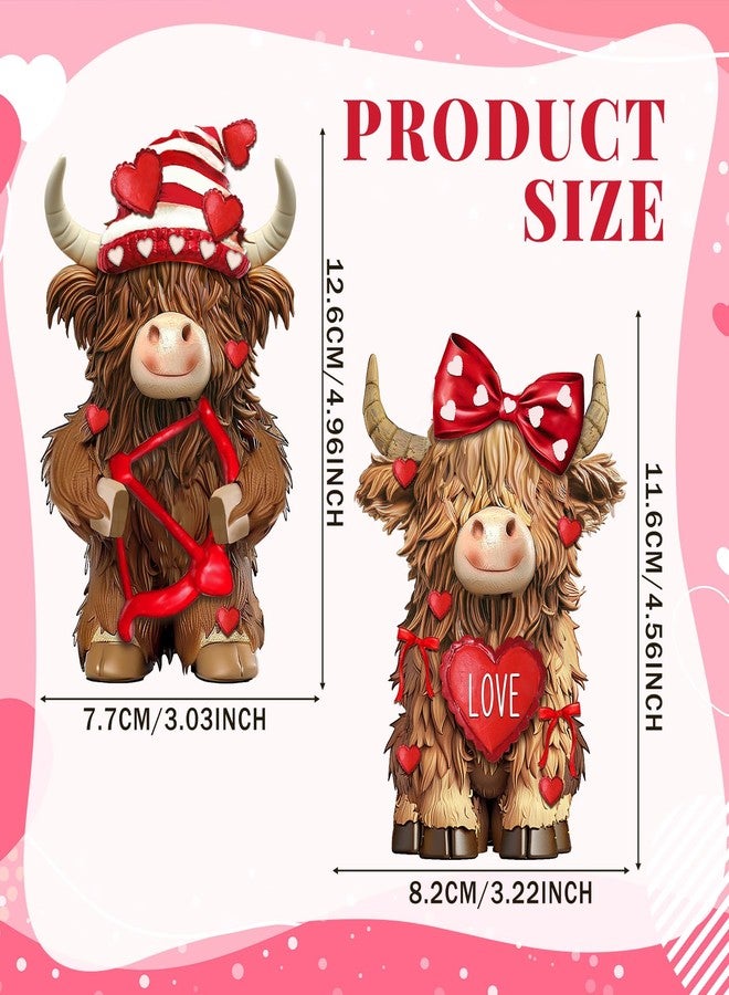 Burbell 2 Pack Valentine's Day Highland Cow Gifts Decor Resin Highland Cow Figurine Valentine's Day Cows Gnomes with Hat Bow Resin Statue for Garden Table Shelf Home Decor Calf Gnome Herd Gifts - Image 3
