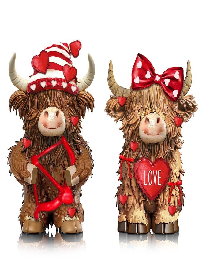 Burbell 2 Pack Valentine's Day Highland Cow Gifts Decor Resin Highland Cow Figurine Valentine's Day Cows Gnomes with Hat Bow Resin Statue for Garden Table Shelf Home Decor Calf Gnome Herd Gifts - Image 1