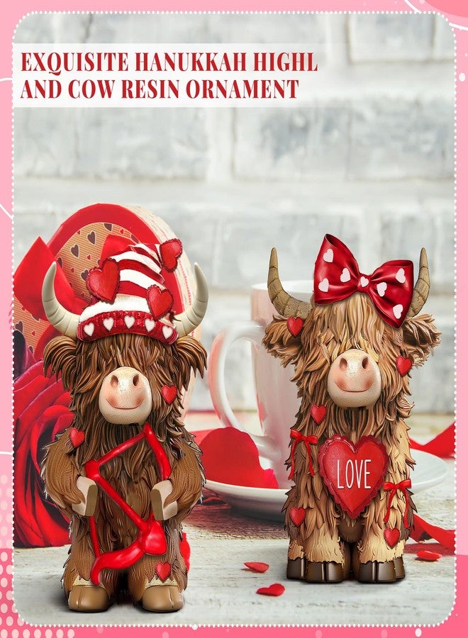 Burbell 2 Pack Valentine's Day Highland Cow Gifts Decor Resin Highland Cow Figurine Valentine's Day Cows Gnomes with Hat Bow Resin Statue for Garden Table Shelf Home Decor Calf Gnome Herd Gifts - Image 2