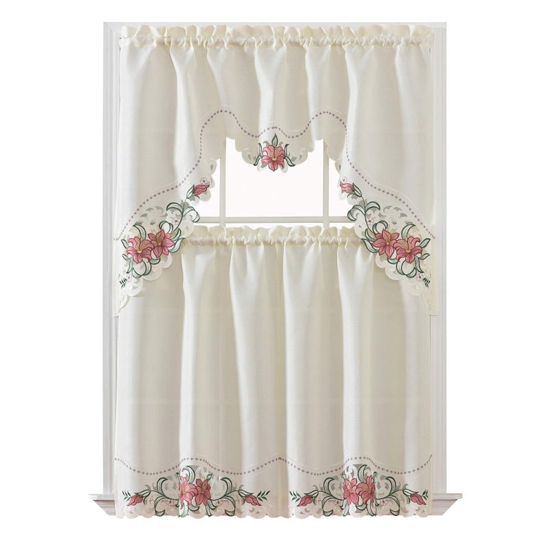 GOHD Golden Ocean Home Decor GOHD Lily Fragrance 3pcs MultiColor Embroidery Kitchen Cafe Curtain Set Swag and Tiers Set with cutworks Burgundy