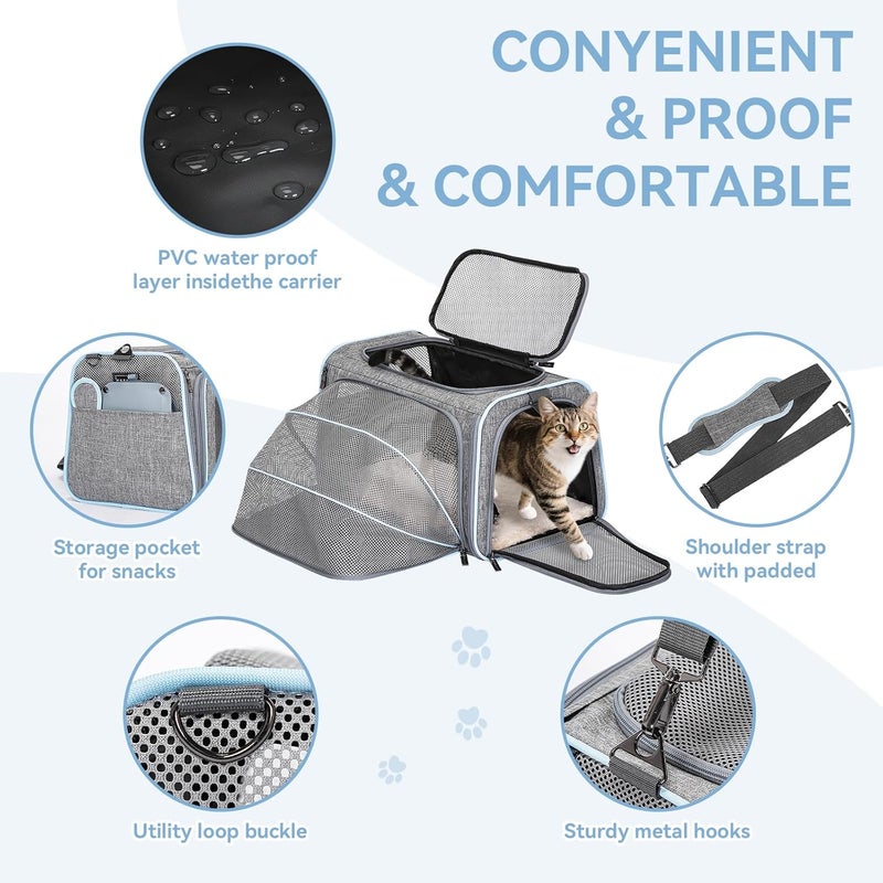 Petsfit Expandable Pet Carrier Airline Approved, Soft-Sided Portable Cat Carrier Dog Carrier, with Removable Plush Mat, Locking Safety Zippers and Pockets - Image 2