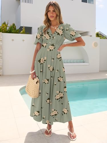 Caracilia Womens Short Puff Sleeve Maxi Dress Boho Floral A Line V Neck Spring Summer Formal Wedding Guest Party Long Dresses Floral Green Medium - Image 3