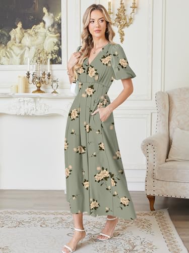 Caracilia Womens Short Puff Sleeve Maxi Dress Boho Floral A Line V Neck Spring Summer Formal Wedding Guest Party Long Dresses Floral Green Medium - Image 5