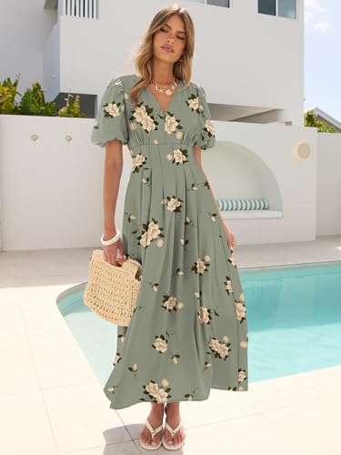 Caracilia Womens Short Puff Sleeve Maxi Dress Boho Floral A Line V Neck Spring Summer Formal Wedding Guest Party Long Dresses Floral Green Medium - Image 2