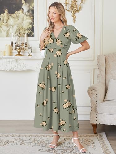 Caracilia Womens Short Puff Sleeve Maxi Dress Boho Floral A Line V Neck Spring Summer Formal Wedding Guest Party Long Dresses Floral Green Medium - Image 4