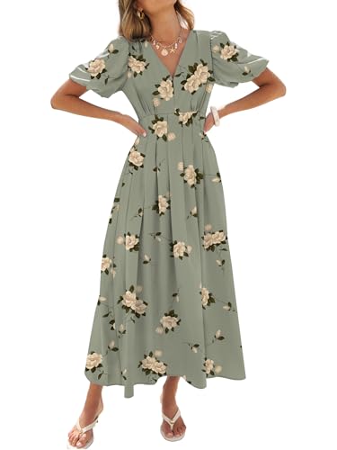 Caracilia Womens Short Puff Sleeve Maxi Dress Boho Floral A Line V Neck Spring Summer Formal Wedding Guest Party Long Dresses Floral Green Medium - Image 1