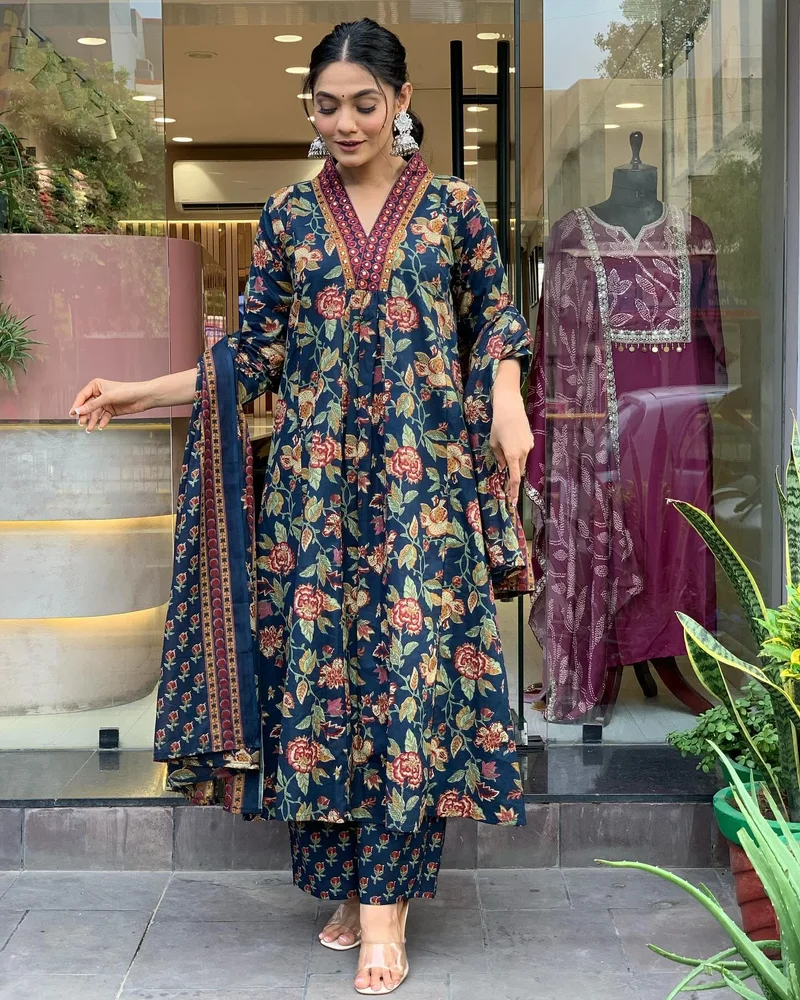 GoSriKi Blue GoSriKi Women's Rayon Blend Anarkali Printed Kurta with Palazzo & Dupatta (CIA BLUE-GS_3XL_Blue_XXX-Large) for Women | Best Price UAE
