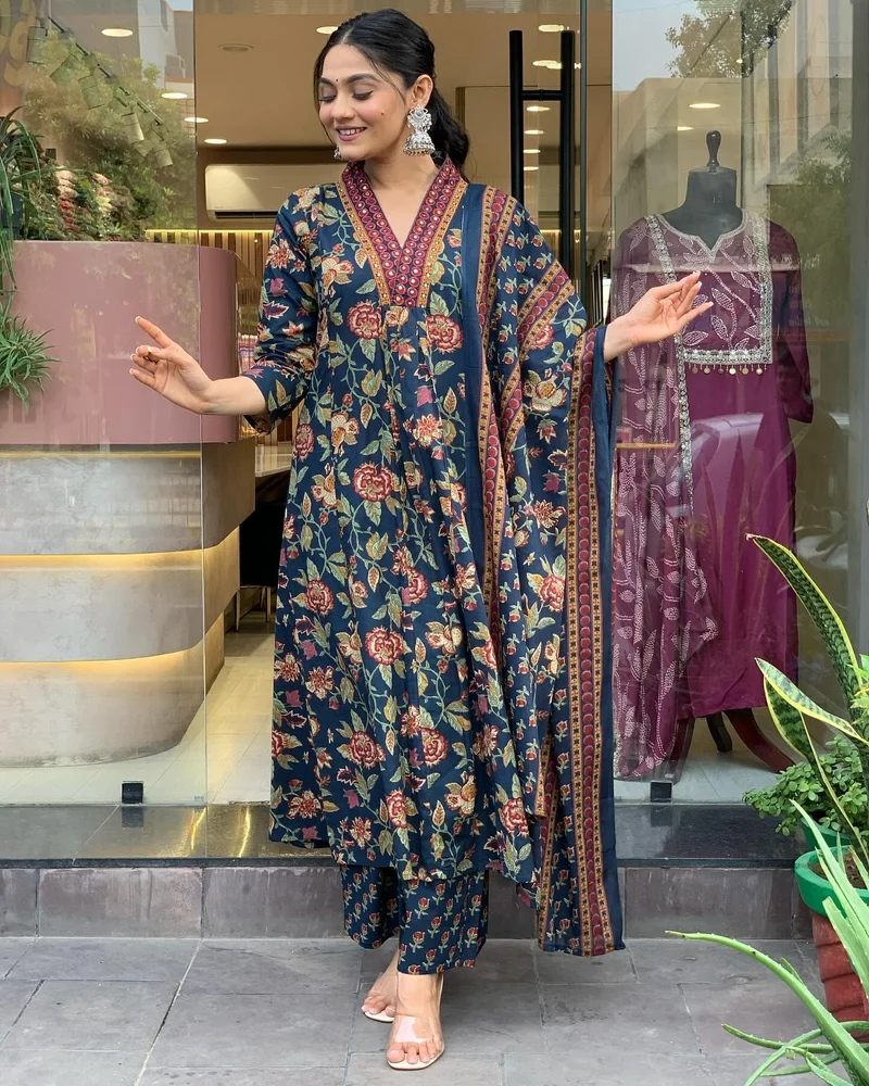 GoSriKi Blue GoSriKi Women's Rayon Blend Anarkali Printed Kurta with Palazzo & Dupatta (CIA BLUE-GS_3XL_Blue_XXX-Large) for Women | Best Price UAE