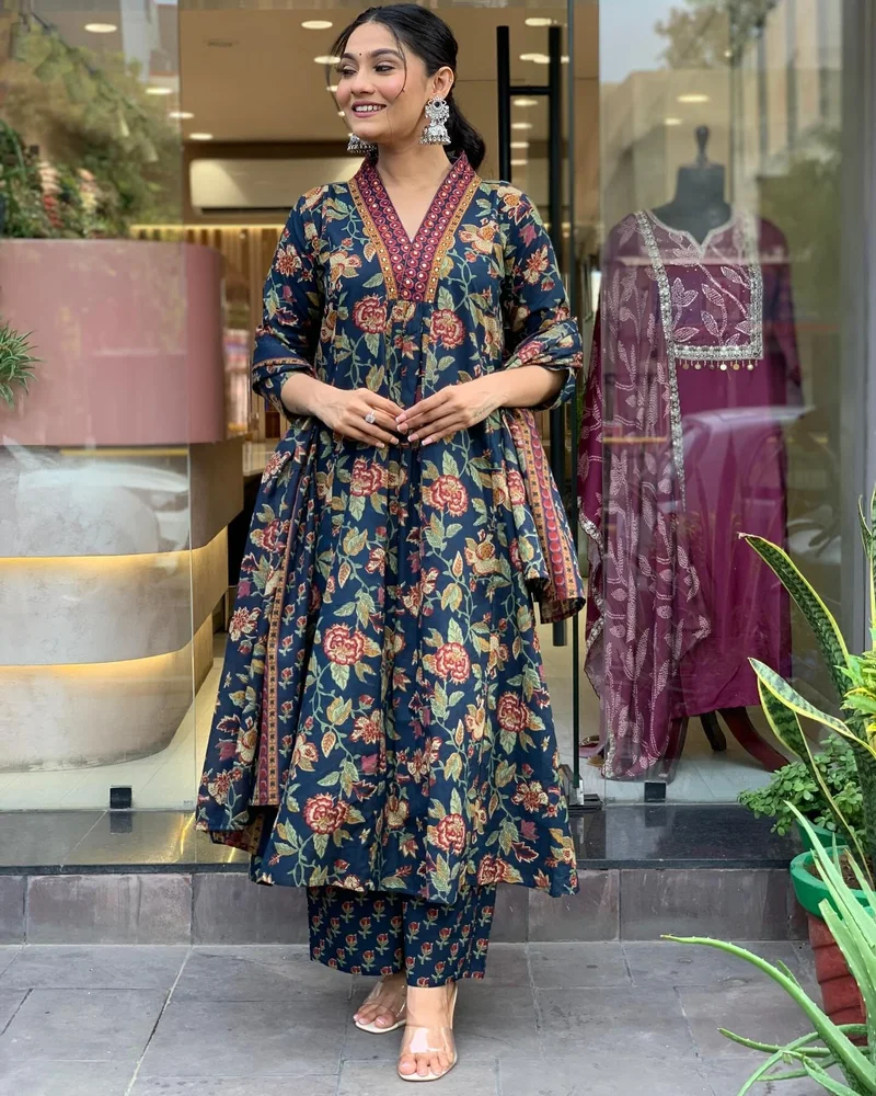 GoSriKi Blue GoSriKi Women's Rayon Blend Anarkali Printed Kurta with Palazzo & Dupatta (CIA BLUE-GS_3XL_Blue_XXX-Large) for Women | Best Price UAE
