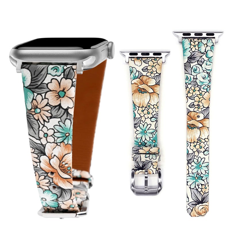 UOEPOWA Genuine Leather Floral Watch Band Compatible with Apple Watch 38/40/41mm – Replacement Strap for iWatch Series 1–8 SE Ultra - Image 1