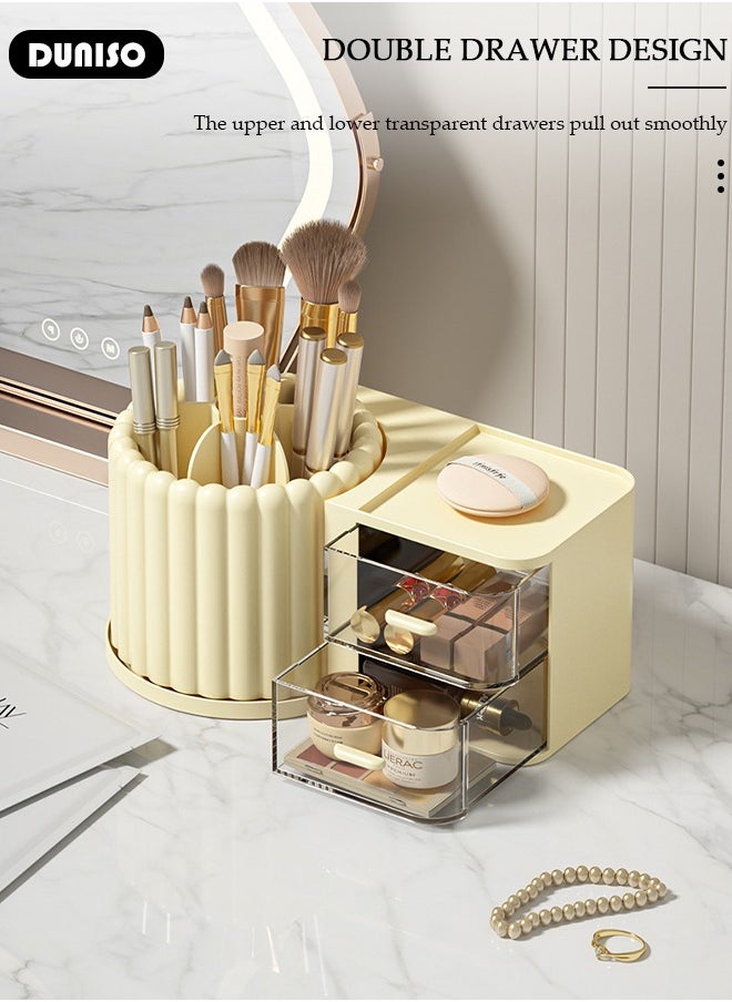 DUNISO Makeup Organizer, Large Capacity Skin Care Product Organizer with 2 Drawers, With Rotating Makeup Brush Holder Organizer, Bedroom Dresser Bathroom Vanity Countertop Cosmetic Organizer  - Image 3