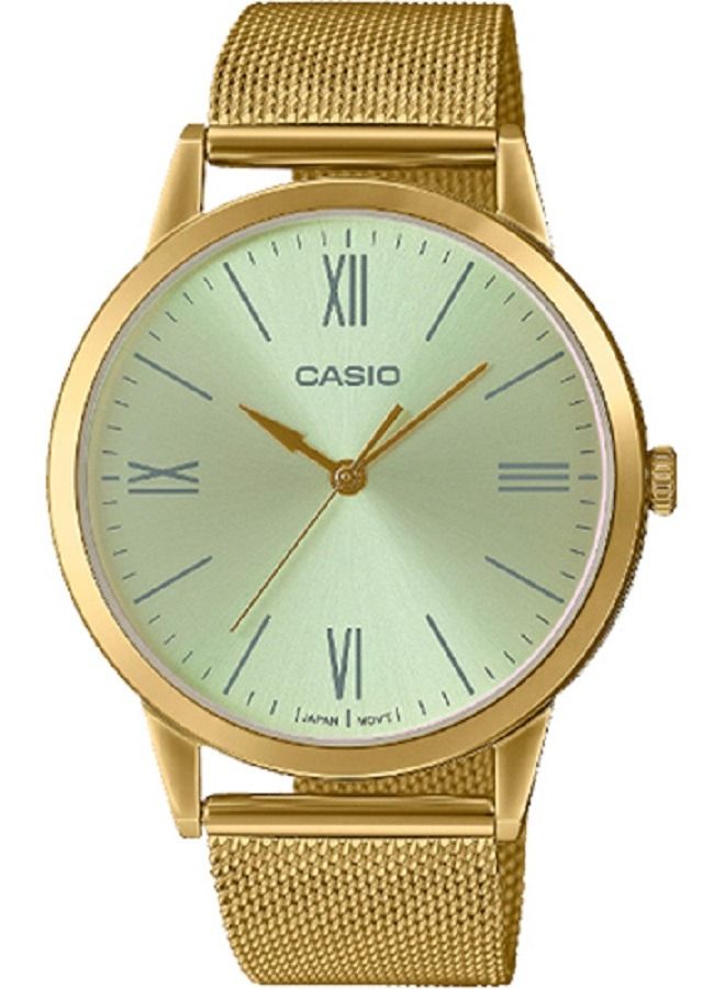 كاسيو ساعة كاسيو للرجال بمينا ذهبي وبسوار شبكي من الستانلس ستيل وبسوار مطلي بطلاء ايوني ذهبي وحافظة MTP-E600MG-9BDF. - Image 1