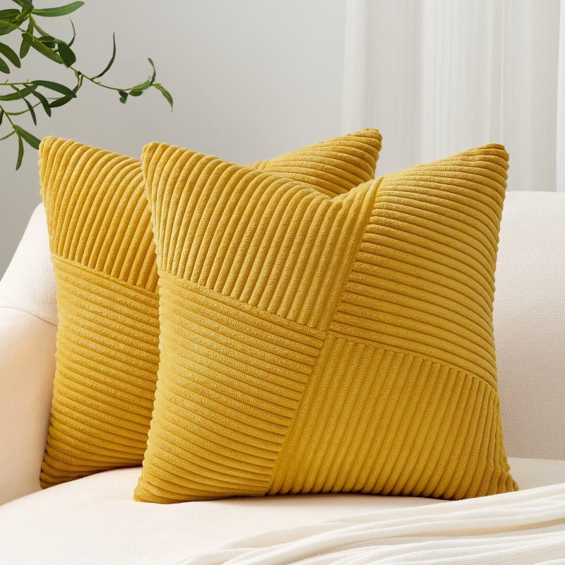 Topfinel Yellow Decorative Throw Pillow Covers 16x16 Inch Cute Boho Stripe Soft Corduroy Modern Farmhouse Spring Home Decor 2 Packs Pillow Covers for Sofa Living Room Couch Bed 40x40 cm - Image 1