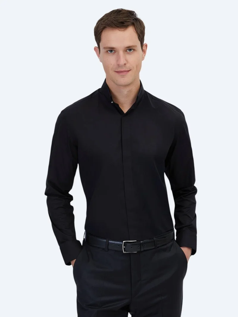 Kip Black Regular Fit Long Weaving Classical 100% Cotton Shirt