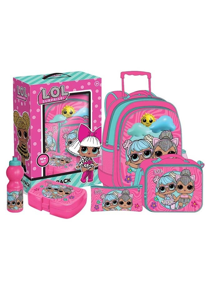 MGA حزمة قيمة LOL مفاجأة! 5 في 1 (حقيبة ترولي 16 بوصة مع صندوق غداء، حقيبة غداء، زجاجة ماء وحافظة أقلام) - Image 1