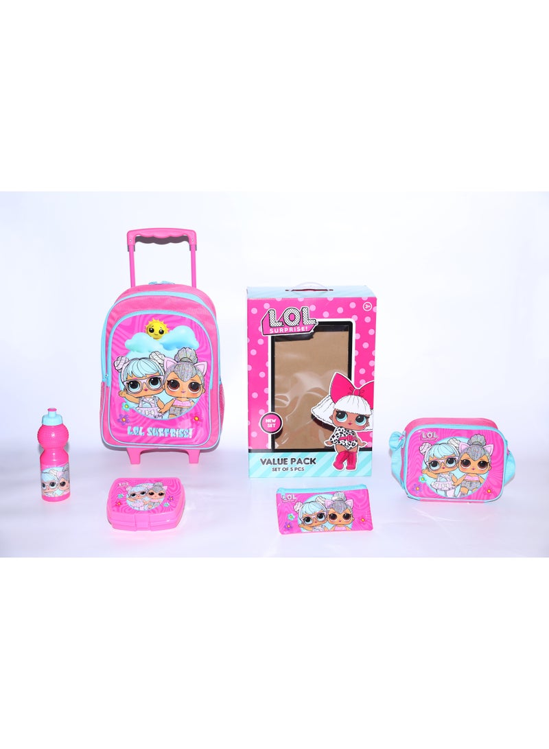 MGA حزمة قيمة LOL مفاجأة! 5 في 1 (حقيبة ترولي 16 بوصة مع صندوق غداء، حقيبة غداء، زجاجة ماء وحافظة أقلام) - Image 3