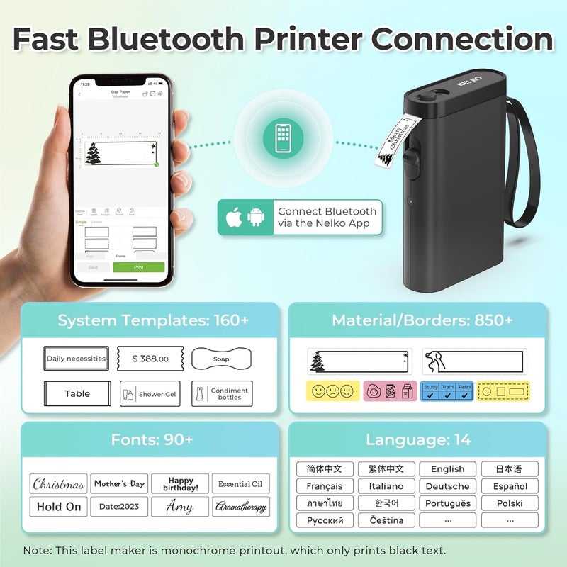 Nelko Label Printer, Bluetooth P21 Self-Adhesive Labelling Device, Portable Labelling Device, Self-Adhesive Label Printer, Wireless, Mini Label Printer with iOS Android, for Home, Office, Black - Image 2