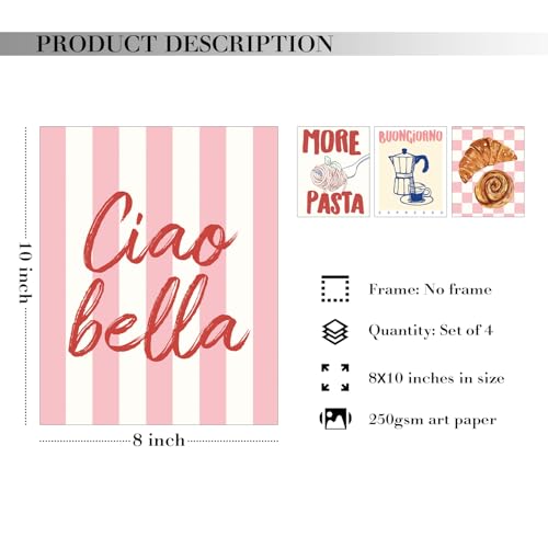 JXREQ Trendy Pink Coffee Decor Kitchen Wall Art Prints Set of 4 Italian Vintage Pasta Coffee Bar Cart Wall Decor 8x10 Unframed - Image 3
