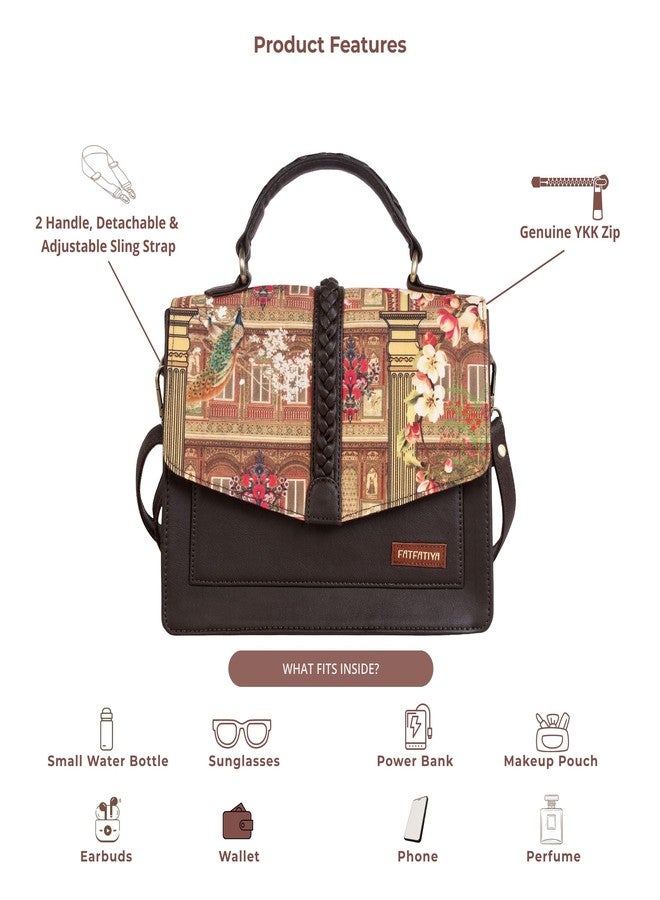 Fatfatiya Heritage Print Satchel Bag | Vegan Leather Structured Handbag with Peacock & Floral Design | Detachable Sling Strap Office College Crossbody Purse - Image 5