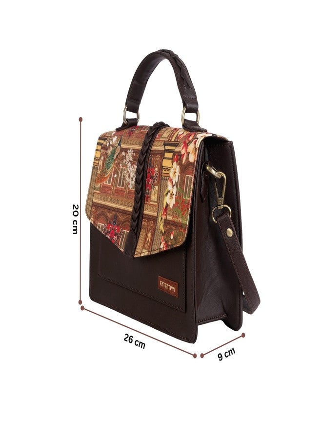 Fatfatiya Heritage Print Satchel Bag | Vegan Leather Structured Handbag with Peacock & Floral Design | Detachable Sling Strap Office College Crossbody Purse - Image 4