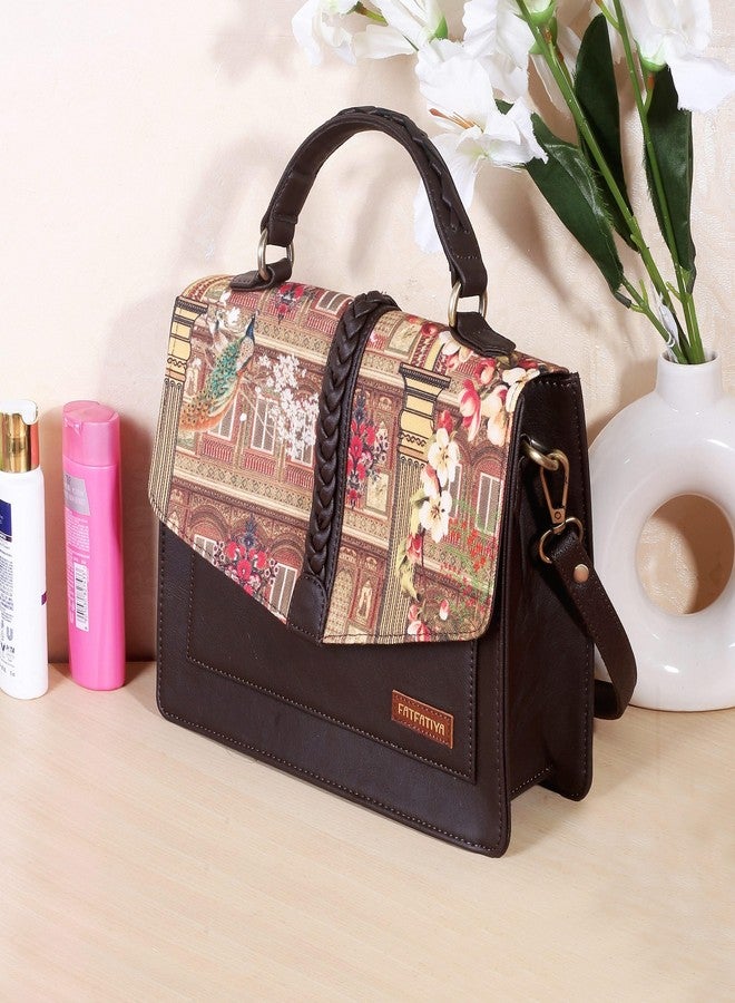 Fatfatiya Heritage Print Satchel Bag | Vegan Leather Structured Handbag with Peacock & Floral Design | Detachable Sling Strap Office College Crossbody Purse - Image 3