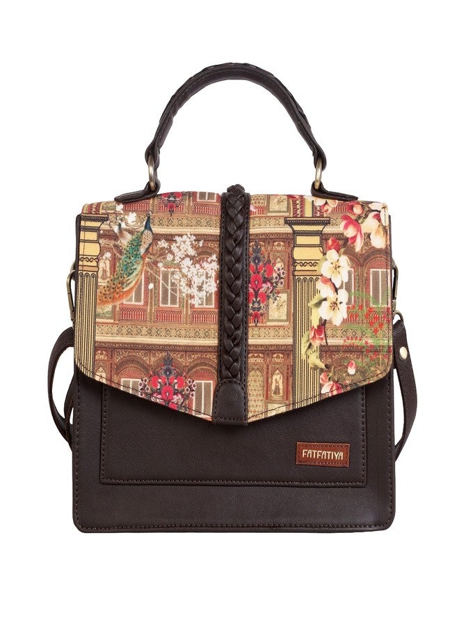 Fatfatiya Heritage Print Satchel Bag | Vegan Leather Structured Handbag with Peacock & Floral Design | Detachable Sling Strap Office College Crossbody Purse - Image 1