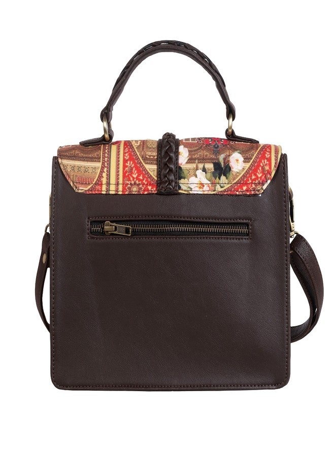 Fatfatiya Heritage Print Satchel Bag | Vegan Leather Structured Handbag with Peacock & Floral Design | Detachable Sling Strap Office College Crossbody Purse - Image 2
