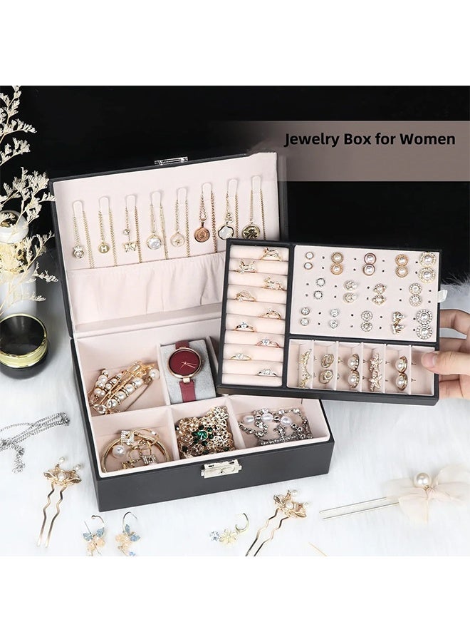 رولستيمي صندوق مجوهرات بسيط مجوهرات القرط صندوق تخزين بو الجلود طبقة مزدوجة سوار قلادة مجوهرات القرط صندوق ، أسود - Image 1