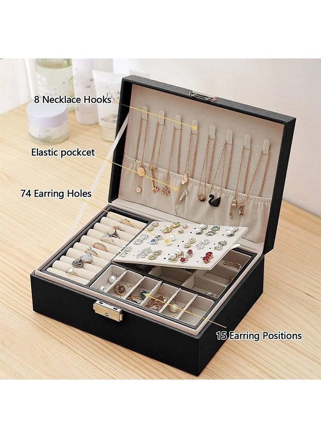 رولستيمي صندوق مجوهرات بسيط مجوهرات القرط صندوق تخزين بو الجلود طبقة مزدوجة سوار قلادة مجوهرات القرط صندوق ، أسود - Image 4