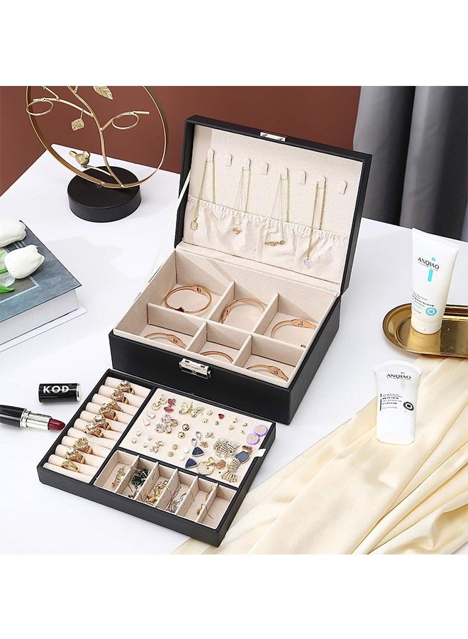 رولستيمي صندوق مجوهرات بسيط مجوهرات القرط صندوق تخزين بو الجلود طبقة مزدوجة سوار قلادة مجوهرات القرط صندوق ، أسود - Image 2