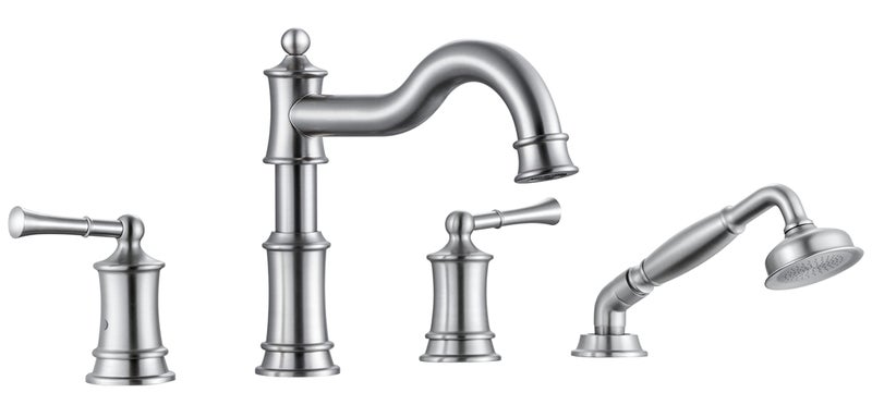 WINKEAR Roman Bathtub Faucet Set With Hand Shower 4 Hole Deck Mount Tub Filler With Diverter 2 Lever Handle Roughin Valve and Water Supply Lines Included for Bathroom Tub Brushed Nickel
