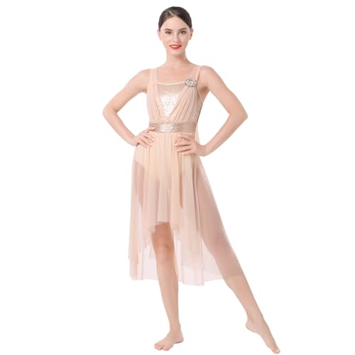 ODASDO Women Lyrical Dance Costumes Modern Contemporary Dancewear Shiny Sequins Spaghetti Strap Mesh Tulle High Low Dress Ballet Leotard Stage Performance Ballroom Cha Cha Clothes Champagne M - Image 1