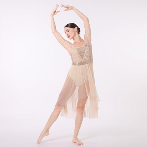 ODASDO Women Lyrical Dance Costumes Modern Contemporary Dancewear Shiny Sequins Spaghetti Strap Mesh Tulle High Low Dress Ballet Leotard Stage Performance Ballroom Cha Cha Clothes Champagne M - Image 2