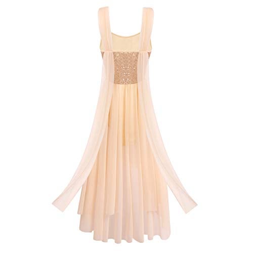ODASDO Women Lyrical Dance Costumes Modern Contemporary Dancewear Shiny Sequins Spaghetti Strap Mesh Tulle High Low Dress Ballet Leotard Stage Performance Ballroom Cha Cha Clothes Champagne M - Image 5
