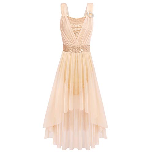 ODASDO Women Lyrical Dance Costumes Modern Contemporary Dancewear Shiny Sequins Spaghetti Strap Mesh Tulle High Low Dress Ballet Leotard Stage Performance Ballroom Cha Cha Clothes Champagne M - Image 4