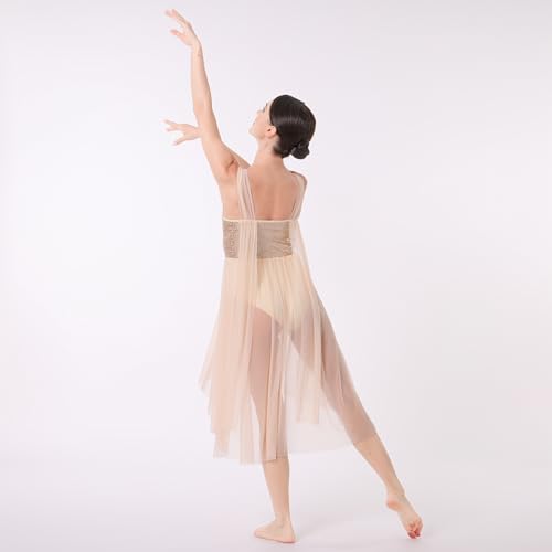 ODASDO Women Lyrical Dance Costumes Modern Contemporary Dancewear Shiny Sequins Spaghetti Strap Mesh Tulle High Low Dress Ballet Leotard Stage Performance Ballroom Cha Cha Clothes Champagne M - Image 3