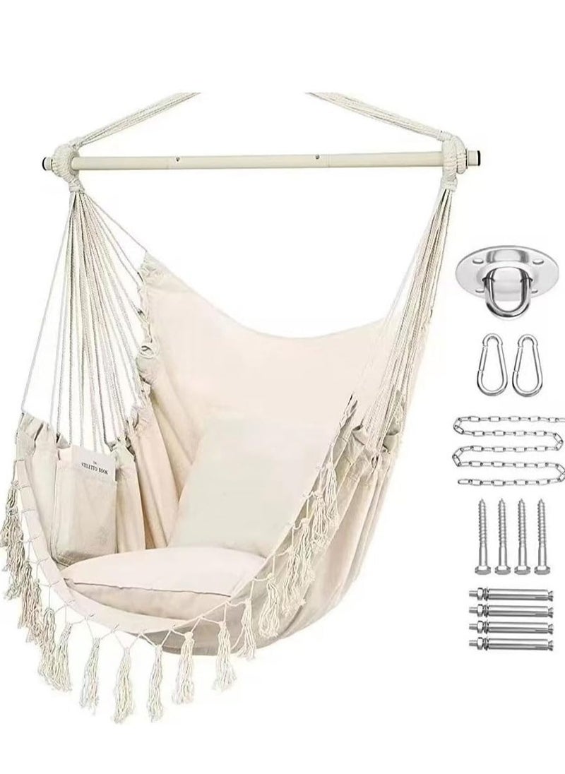 SYOSI - Hammock Chair Hanging Swing Chair with Cushions, Outdoor Rope Swing Adult Kids Metal Spreader Bar Max 330Lbs Cotton Weave Macrame Swing Seat for Living Room Camping Yard Patio Garden Backyard (White) - Image 1