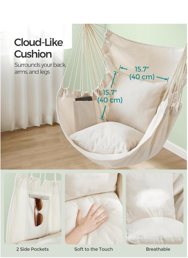 SYOSI - Hammock Chair Hanging Swing Chair with Cushions, Outdoor Rope Swing Adult Kids Metal Spreader Bar Max 330Lbs Cotton Weave Macrame Swing Seat for Living Room Camping Yard Patio Garden Backyard (White) - Image 1