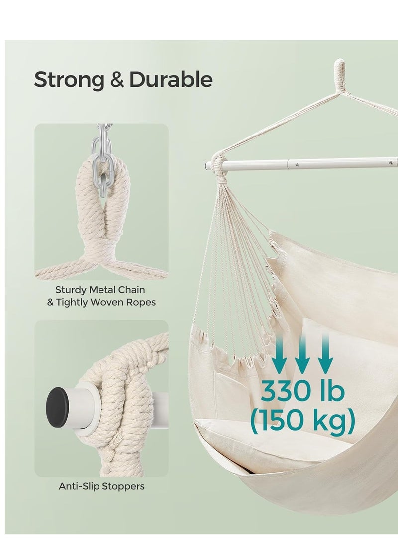 SYOSI - Hammock Chair Hanging Swing Chair with Cushions, Outdoor Rope Swing Adult Kids Metal Spreader Bar Max 330Lbs Cotton Weave Macrame Swing Seat for Living Room Camping Yard Patio Garden Backyard (White) - Image 1