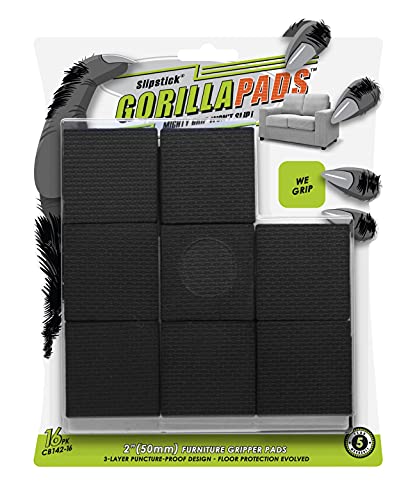 Slipstick GorillaPads Non Slip Furniture Pads/Floor Gripping Pads (Set of 16 Grips) 2 Inch Square Floor Protectors for Under Furniture, Black, CB142-16 - Image 1